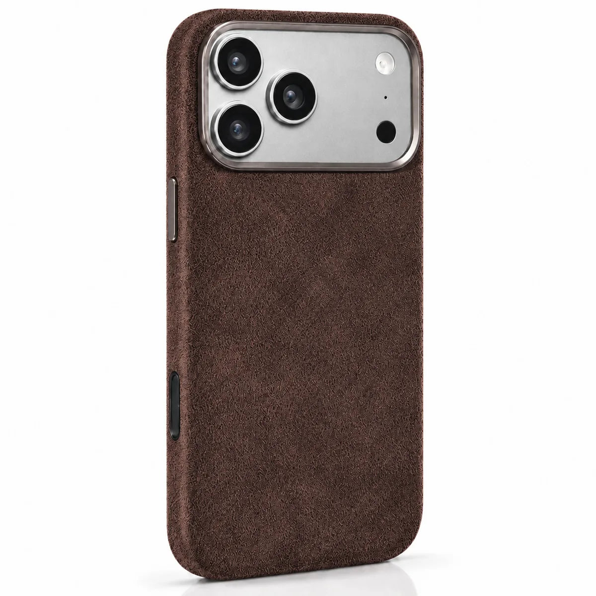 Brown fabric phone case with a silver camera surface and black camera rim. #color_Espresso Brown