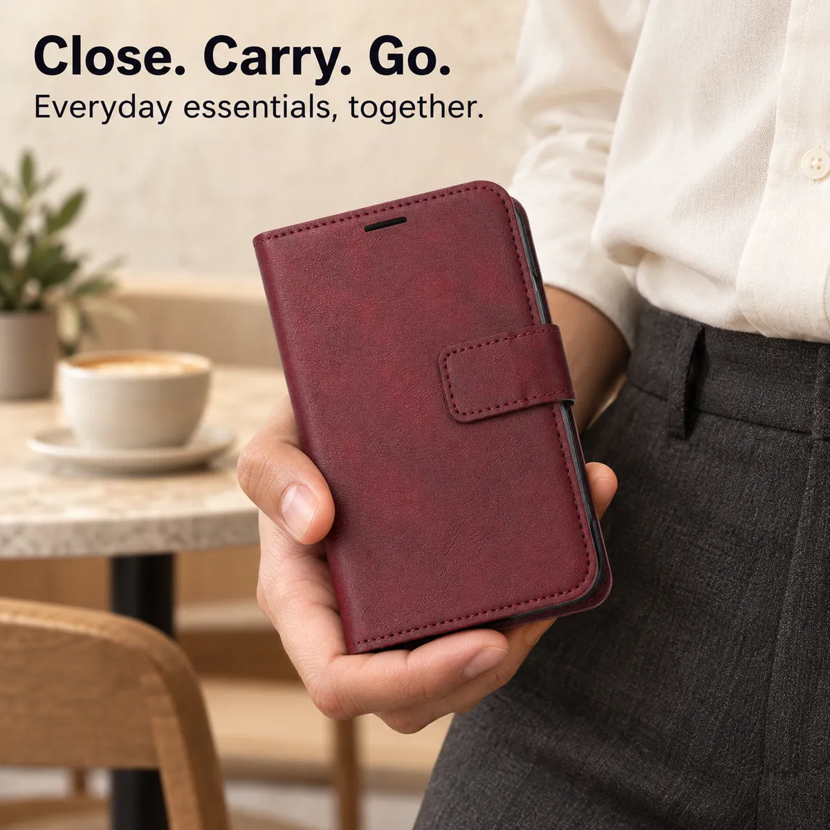 Closed Burgundy wallet case with magnetic tab closure, held in one hand. #color_Burgundy