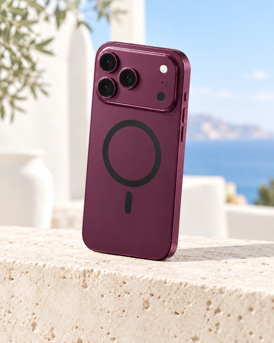 Burgundy magnetic phone case on a pale stone terrace in soft daylight.