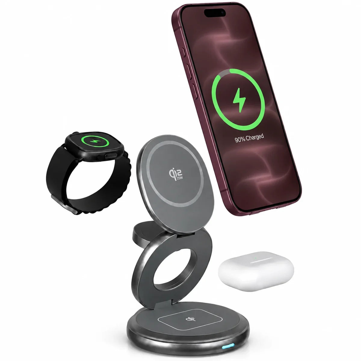 Titanium gray folding wireless charging station with Burgundy phone, watch and earbuds. #color_Titanium Gray