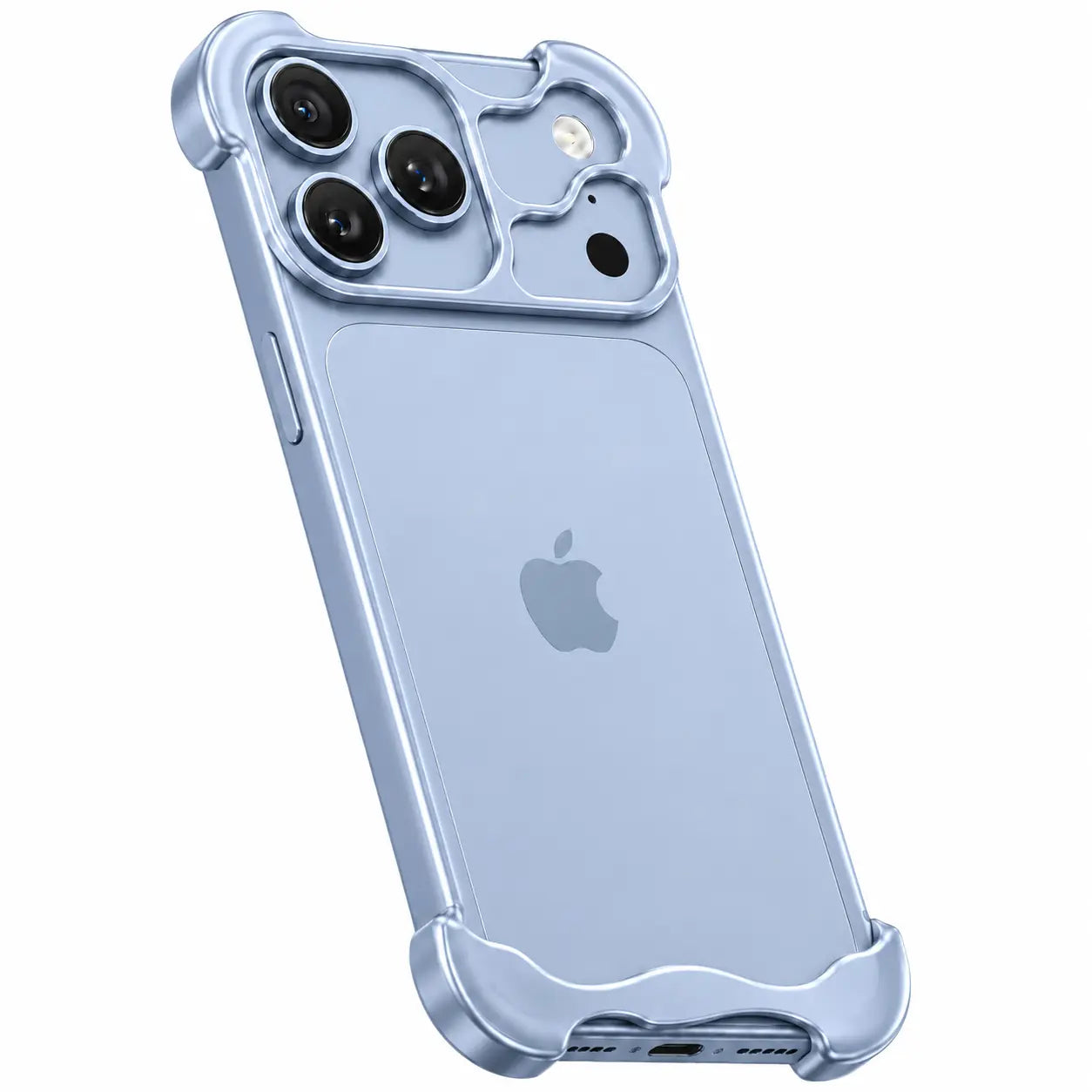 Light blue iPhone 18 Pro Max bumper case, angled rear view