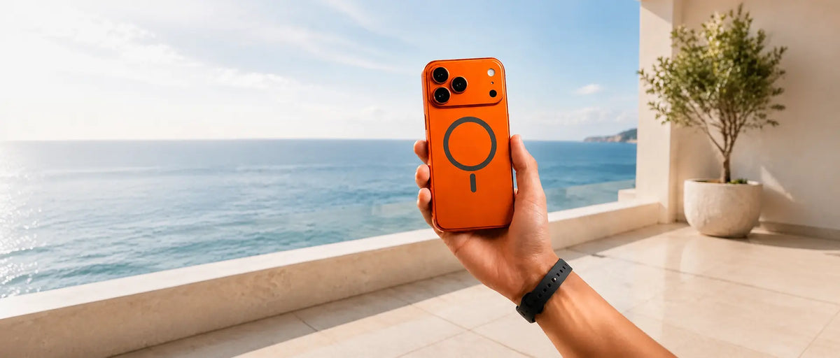 Orange MagSafe iPhone case with magnetic kickstand ring