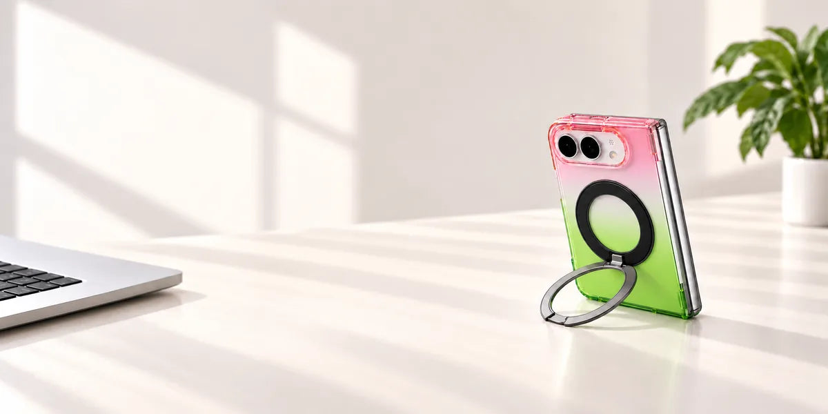 Pink and green gradient case supporting a silver folding phone on a desk with its ring stand open.