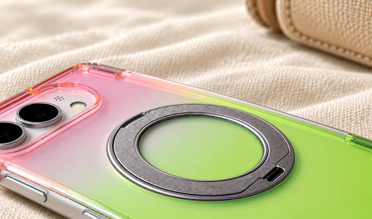 Macro view of a silver circular ring stand folded flat against a pink and green translucent phone case.